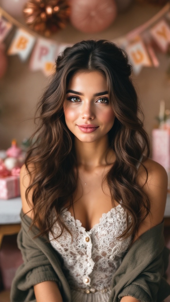 A young woman with half-up half-down hairstyle, wearing a lace top, smiling at a birthday celebration.