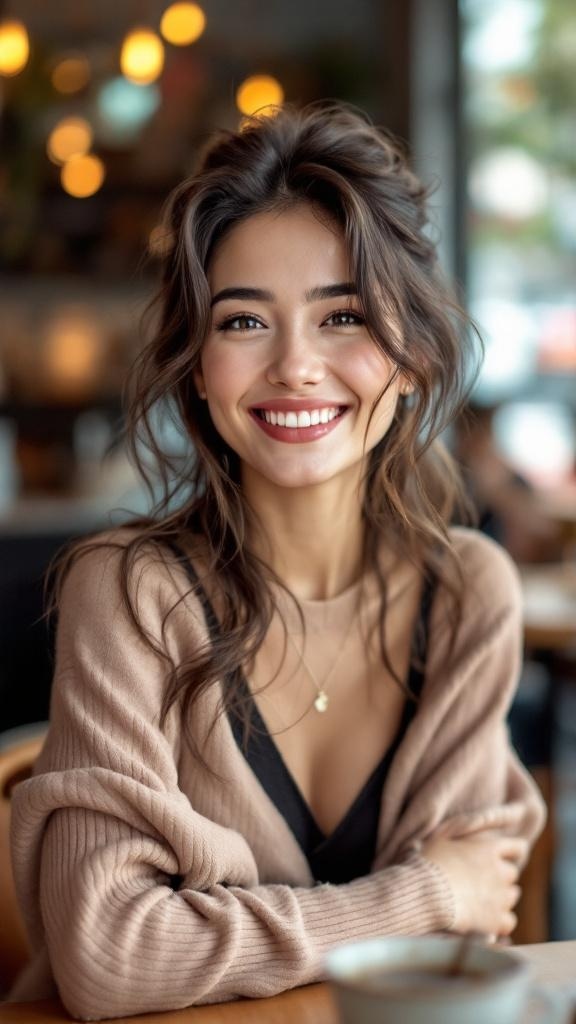 A woman with a half-up half-down hairstyle, smiling in a cozy setting.