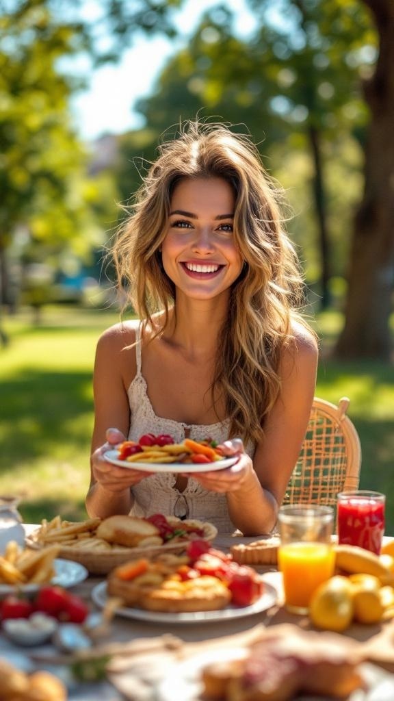 A woman smiling while holding a plate of food, showcasing a half-up half-down hairstyle.
