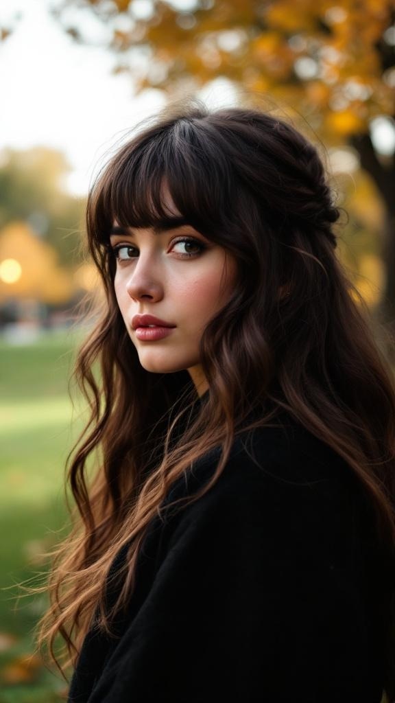 A woman with long wavy hair styled in a half-up half-down look, featuring curtain bangs.