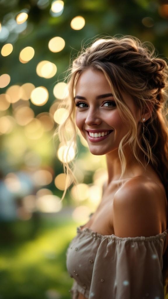 A woman with a half-up half-down twist hairstyle, smiling in a natural setting with soft lighting.