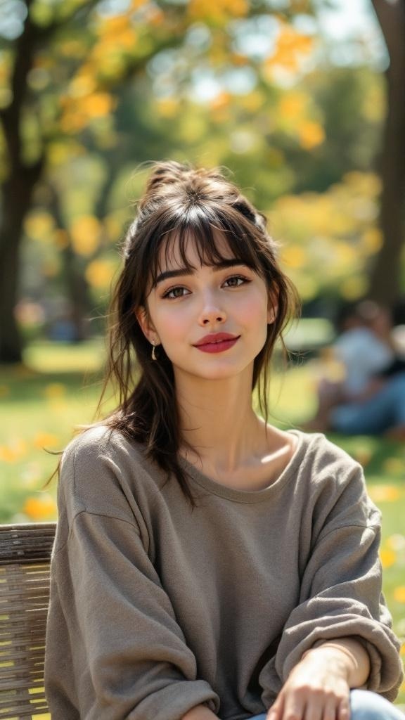 A woman with a half-up hairstyle and bangs, sitting outdoors, wearing a casual sweater.
