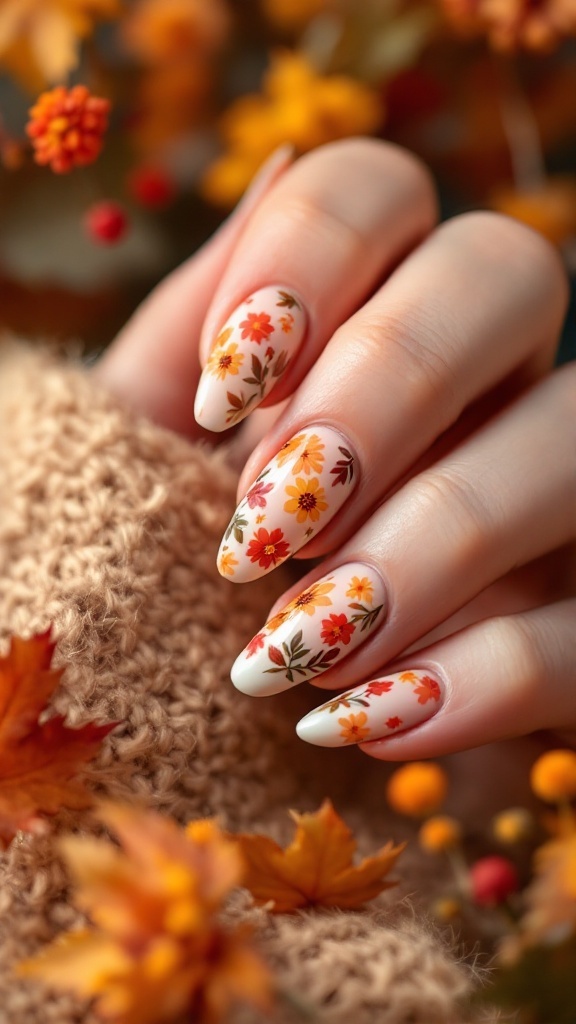 A hand with beautiful harvest floral nail design featuring warm colors, surrounded by fall decor.