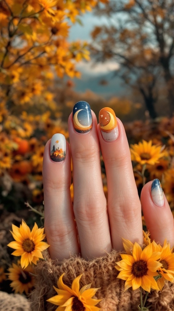 Nails painted with moon and sun designs, surrounded by sunflowers