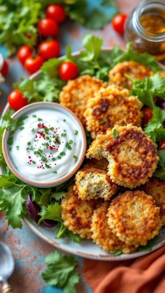 Healthy air-fried quinoa fritters served with yogurt dip and garnished with fresh herbs and cherry tomatoes.