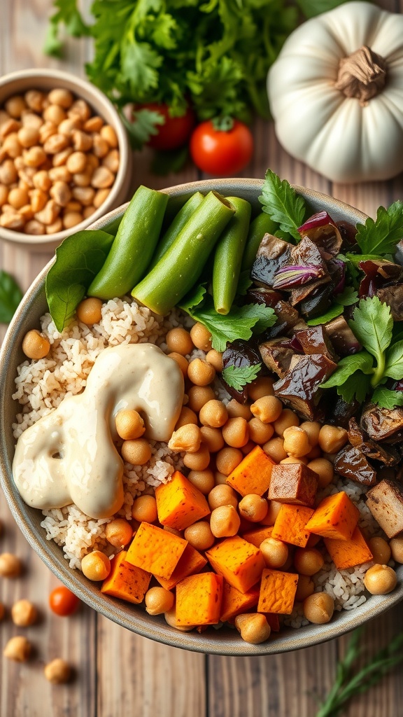A colorful Buddha bowl with brown rice, chickpeas, sweet potatoes, green beans, and tahini sauce.