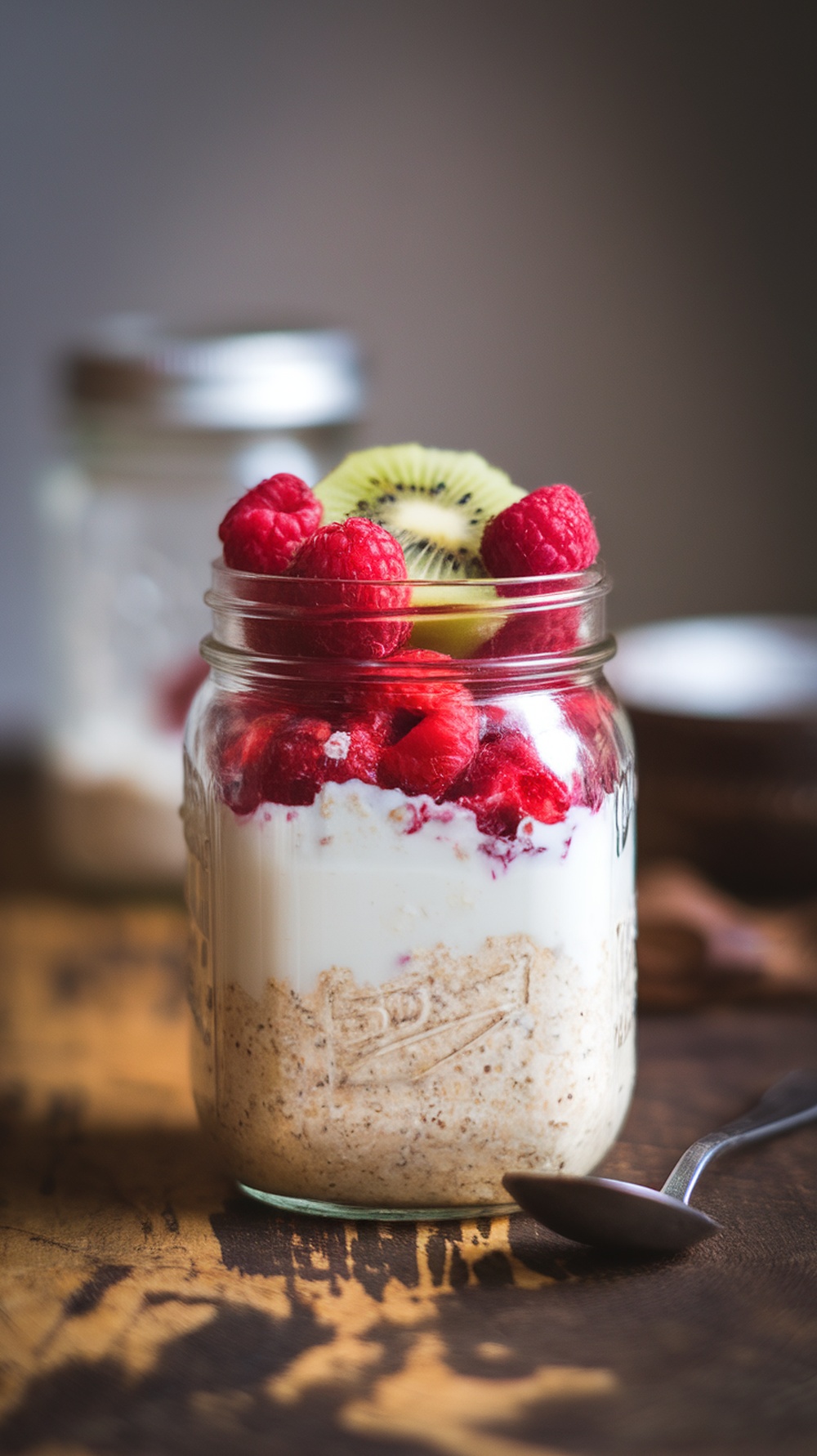 A jar of overnight oats topped with raspberries and kiwi on a wooden table.