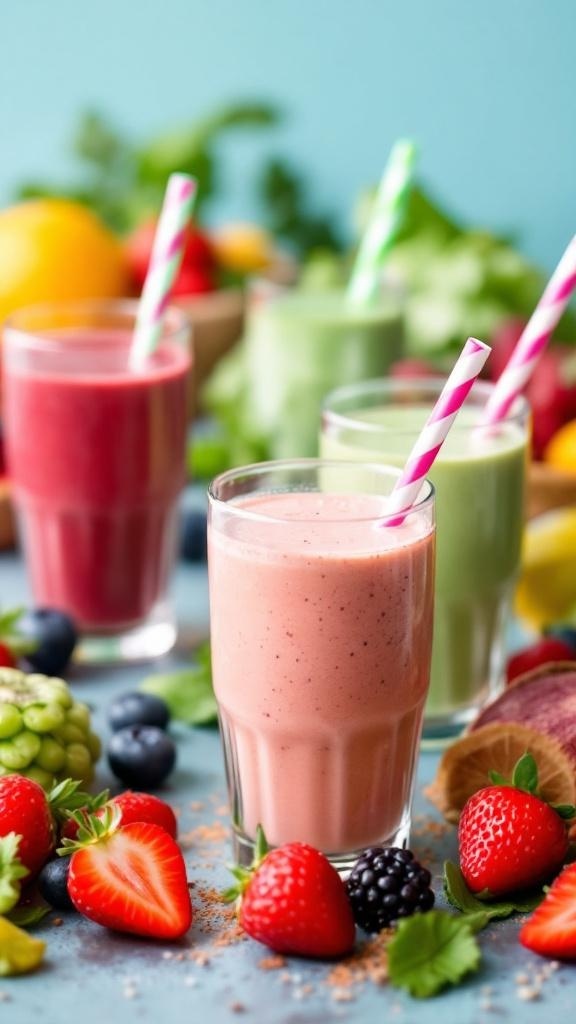 Colorful healthy breakfast smoothies in glasses with fruits around