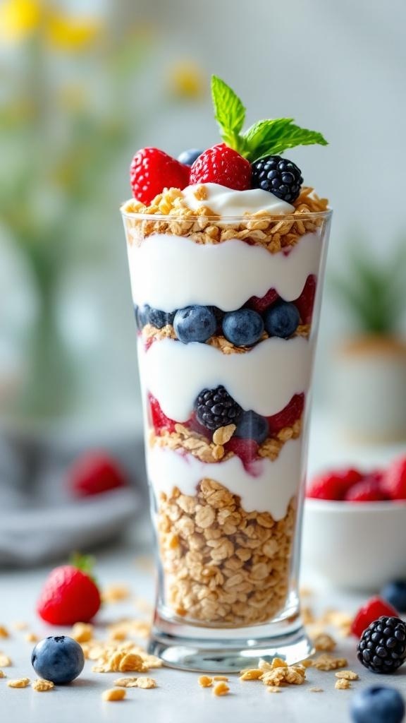 A delicious Greek yogurt parfait layered with granola and fresh berries.