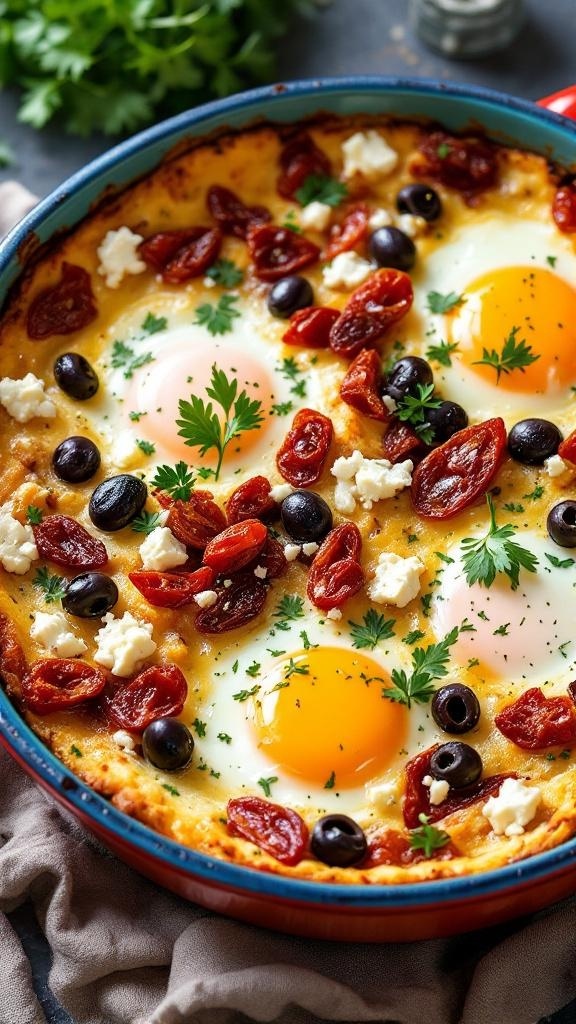 A colorful Mediterranean breakfast casserole with eggs, feta cheese, olives, and sun-dried tomatoes.