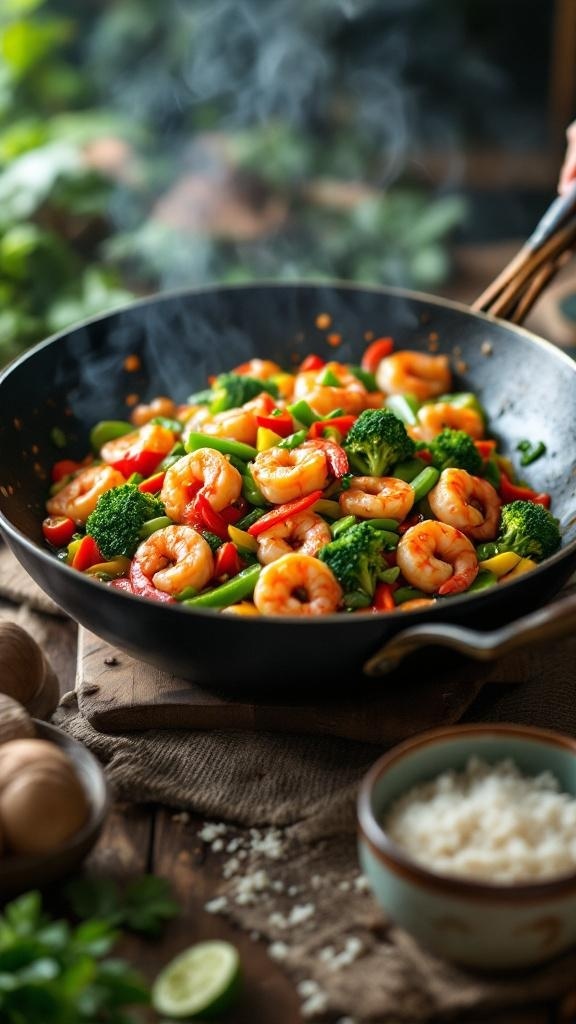 A colorful shrimp stir-fry with broccoli, bell peppers, and snap peas in a wok.