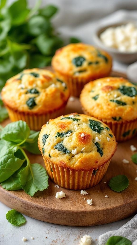 Healthy Spinach and Feta Breakfast Muffins on a wooden board