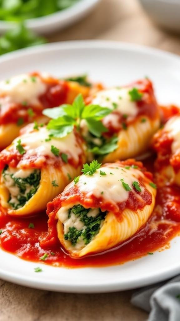 Healthy Turkey and Spinach Stuffed Shells served on a plate with marinara sauce and garnished with parsley.