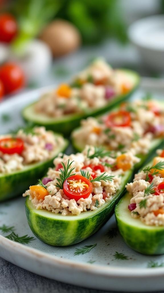 Tuna salad stuffed in cucumber boats garnished with cherry tomatoes and herbs