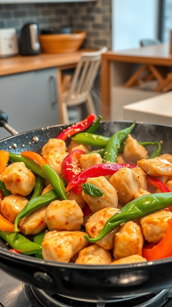 A colorful chicken stir-fry with bell peppers and green beans in a skillet.