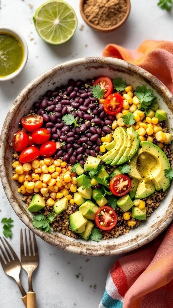 A colorful quinoa and black bean bowl with fresh vegetables and lime.