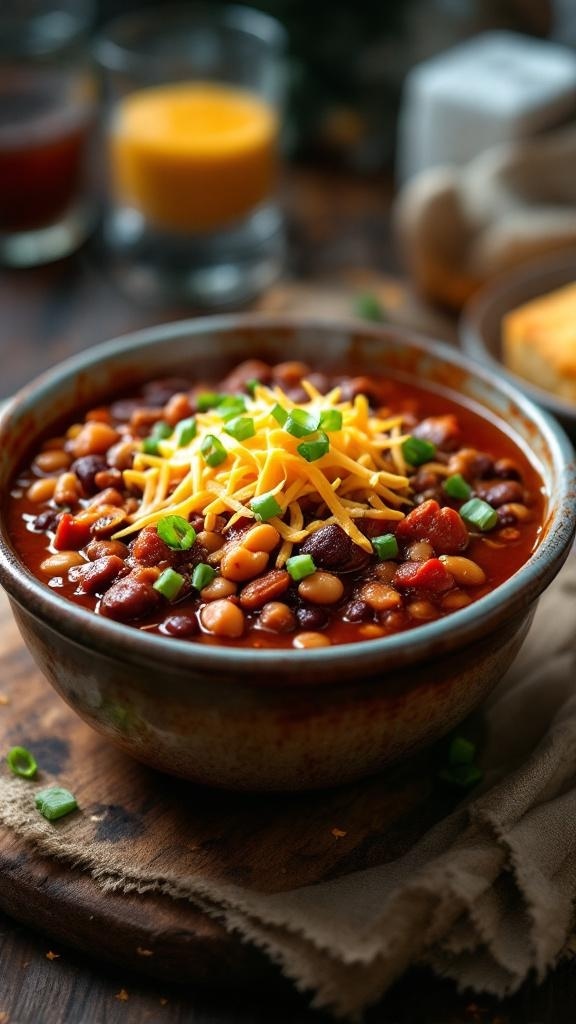 A bowl of hearty beef chili topped with cheese and green onions.