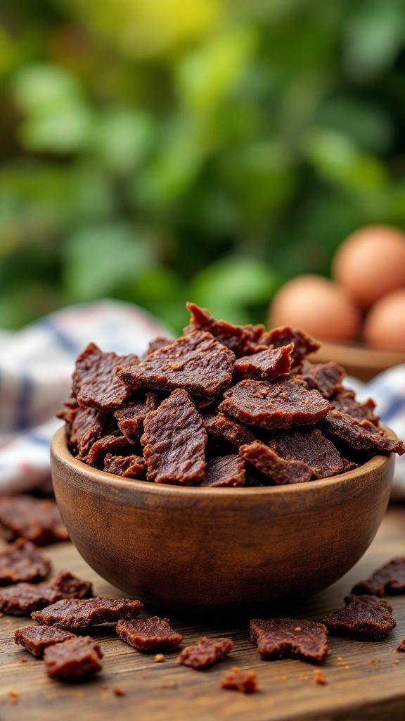 A bowl of hearty beef jerky bites, perfect for low-carb snacking.