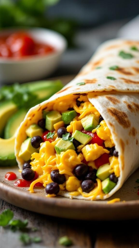 A delicious breakfast burrito filled with black beans, cheese, and fresh vegetables, served with avocado and salsa.