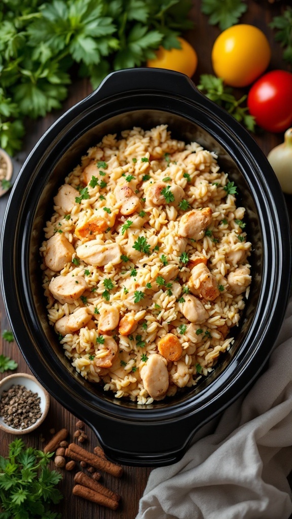 A hearty chicken and rice casserole in a crockpot, garnished with parsley.