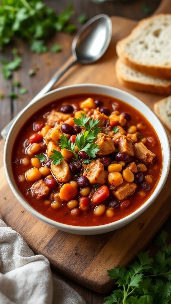 A bowl of hearty chicken chili with beans and corn, garnished with parsley, served with slices of bread.