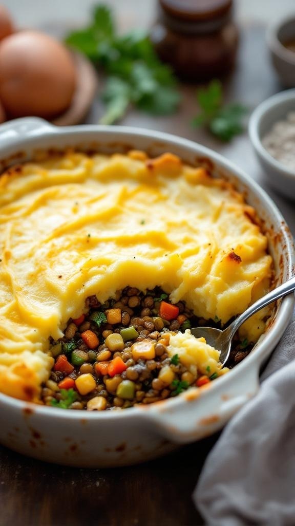 A delicious serving of Hearty Lentil and Vegetable Shepherd's Pie with a creamy mashed potato topping.