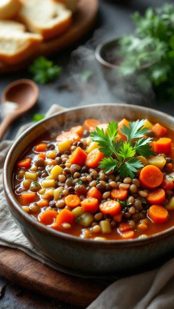 A bowl of hearty lentil and vegetable stew with colorful vegetables and fresh parsley on top.