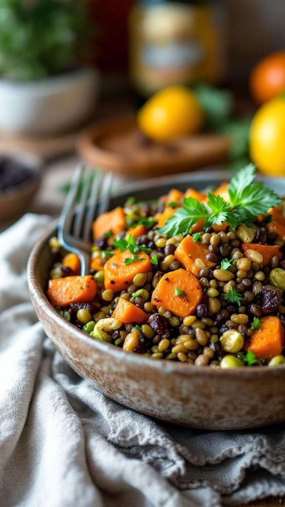 A bowl of hearty lentil salad with roasted vegetables, garnished with parsley.