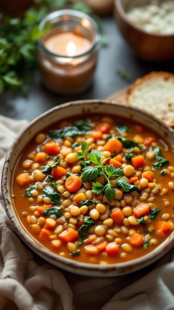 A bowl of hearty lentil soup with carrots and spinach, garnished with parsley.
