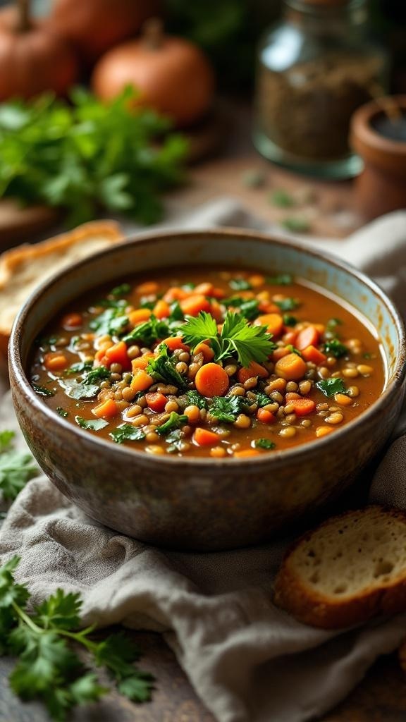 A bowl of hearty lentil soup with greens, garnished with fresh herbs, surrounded by vegetables and bread.