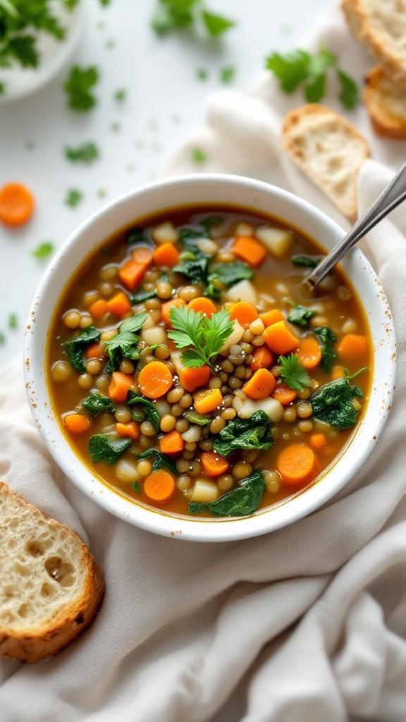 A bowl of hearty lentil soup with spinach, carrots, and bread on the side.