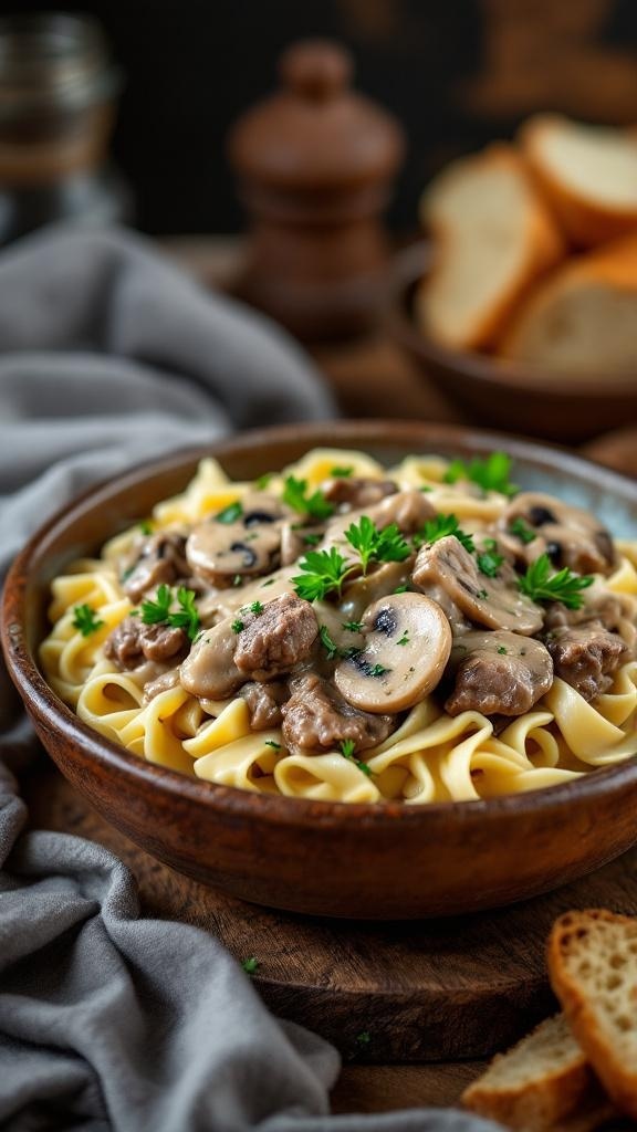 A bowl of hearty beef stroganoff with egg noodles and mushrooms, garnished with parsley.