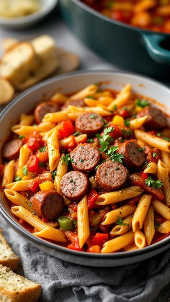 A bowl of hearty one-pot sausage and peppers pasta with colorful bell peppers and sliced sausage.