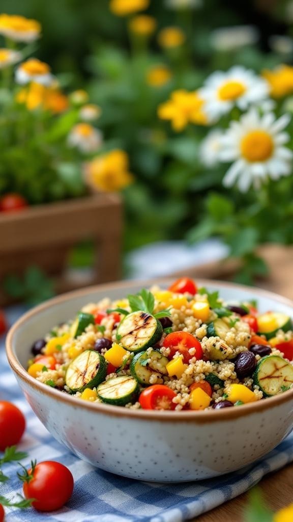 A colorful bowl of quinoa salad with grilled vegetables, surrounded by fresh cherry tomatoes and flowers.