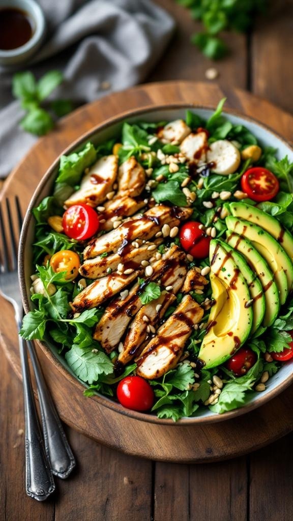 A colorful and hearty chicken salad with mixed greens, sliced avocado, cherry tomatoes, and pine nuts, drizzled with balsamic glaze.