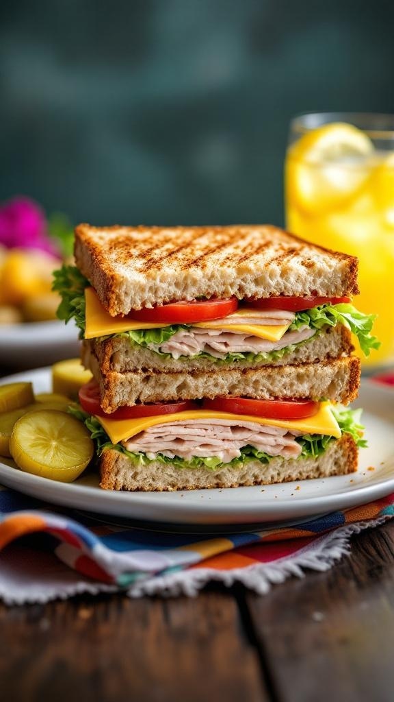 A hearty turkey sandwich with cheese and fresh vegetables, served with pickles.