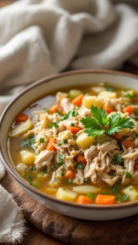 A bowl of hearty shredded chicken soup with vegetables