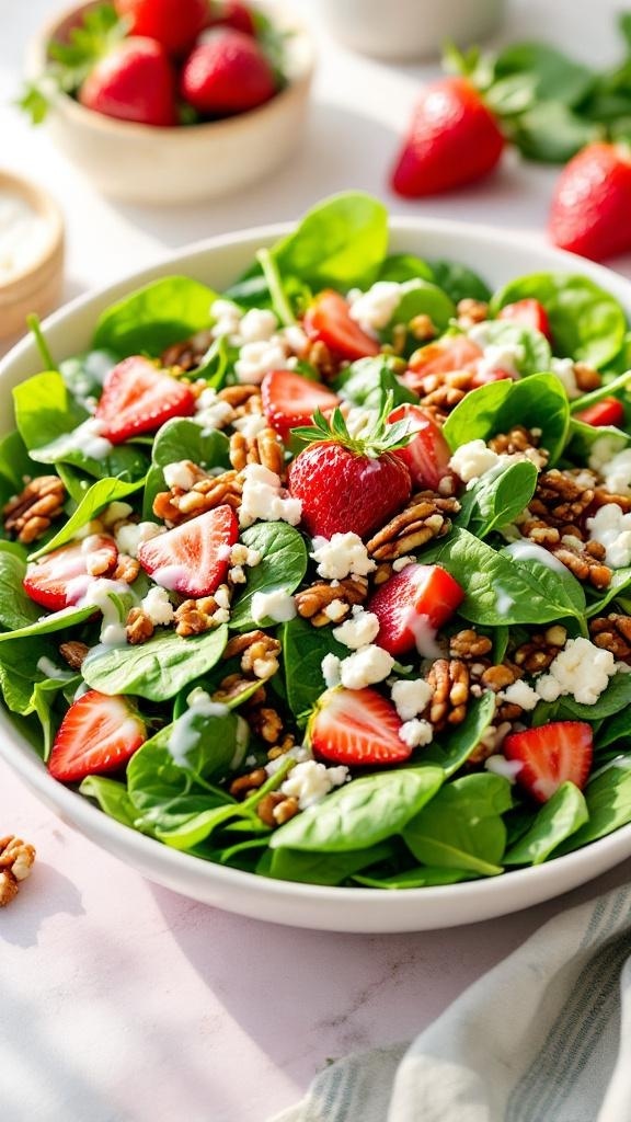 A colorful salad featuring spinach, strawberries, pecans, and feta cheese with poppy seed dressing.