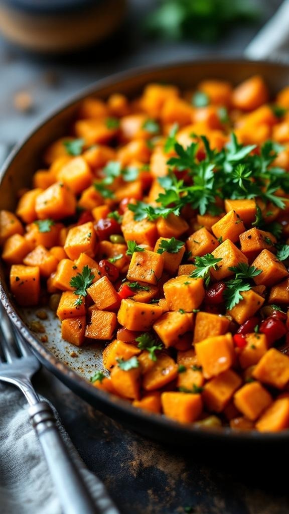 A colorful sweet potato hash with diced sweet potatoes, bell peppers, and parsley in a skillet.