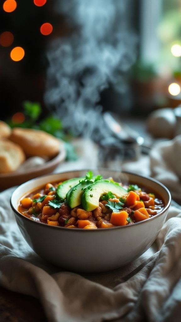 A bowl of hearty turkey and sweet potato chili topped with cucumber slices and cilantro, with steam rising in a cozy setting.