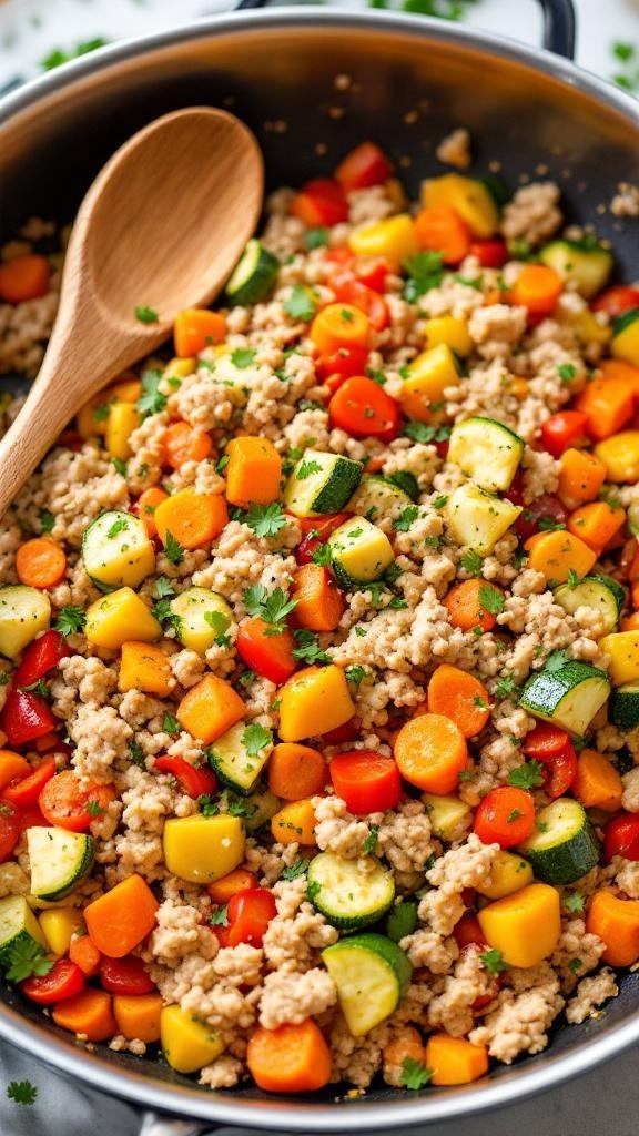 A colorful skillet filled with ground turkey and assorted vegetables.