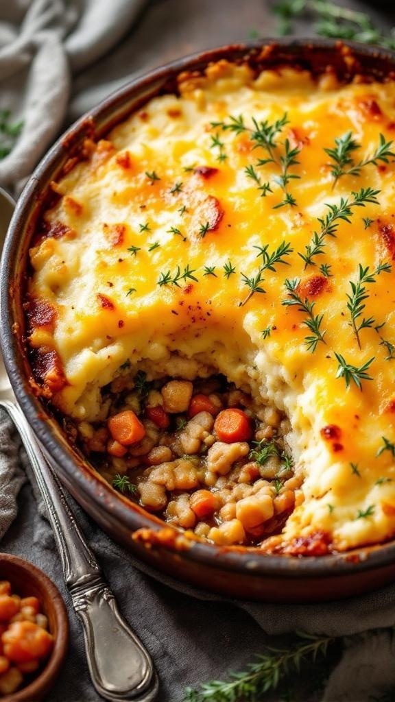 A delicious turkey shepherd's pie with a golden brown mashed potato topping, garnished with fresh herbs.