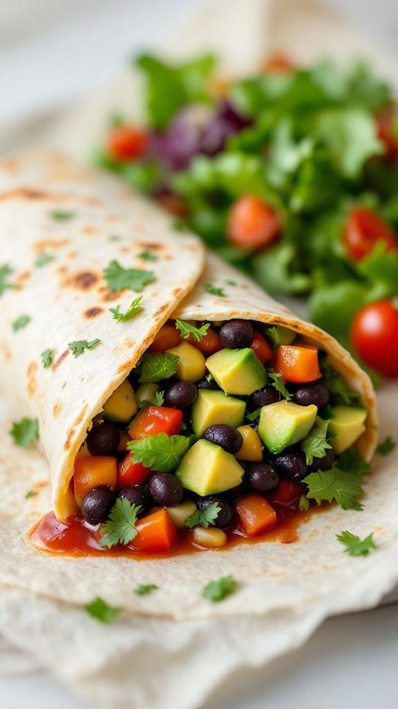 A delicious vegan breakfast burrito filled with black beans, corn, bell peppers, and avocado.