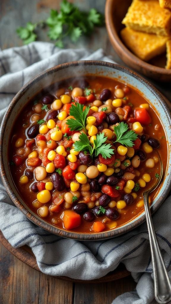 A bowl of hearty vegetable and bean chili with colorful beans and vegetables, garnished with cilantro.