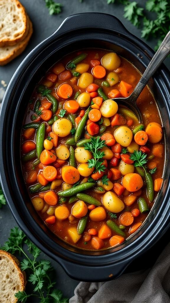 A bowl of hearty vegetable stew in a crockpot, featuring colorful carrots, potatoes, and green beans.