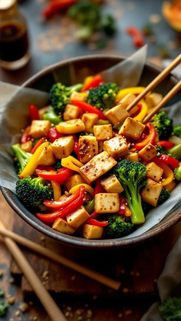 A colorful bowl of vegetable stir-fry with tofu, featuring broccoli and bell peppers.