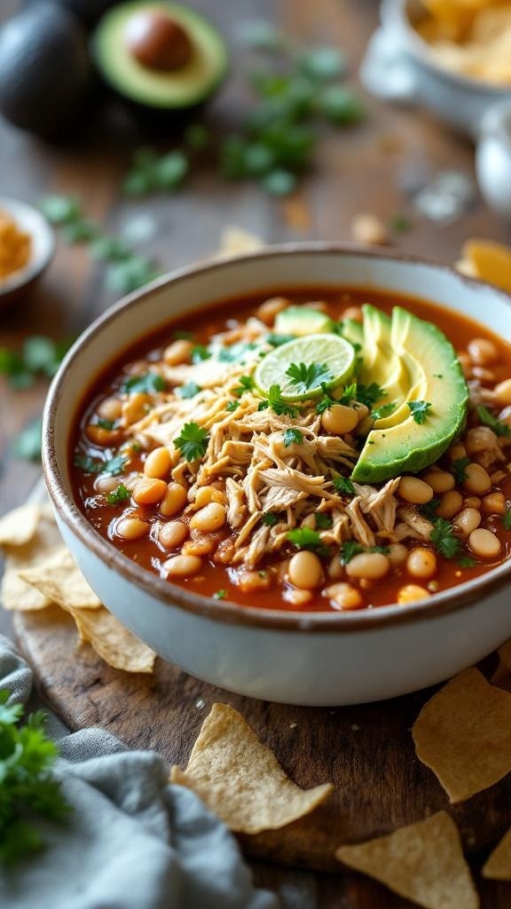 A bowl of hearty white chicken chili topped with avocado slices and cilantro, served with tortilla chips.