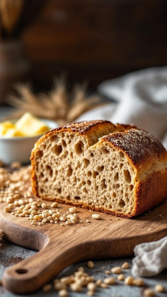 A loaf of hearty whole wheat sourdough bread sliced on a wooden board with grains scattered around.