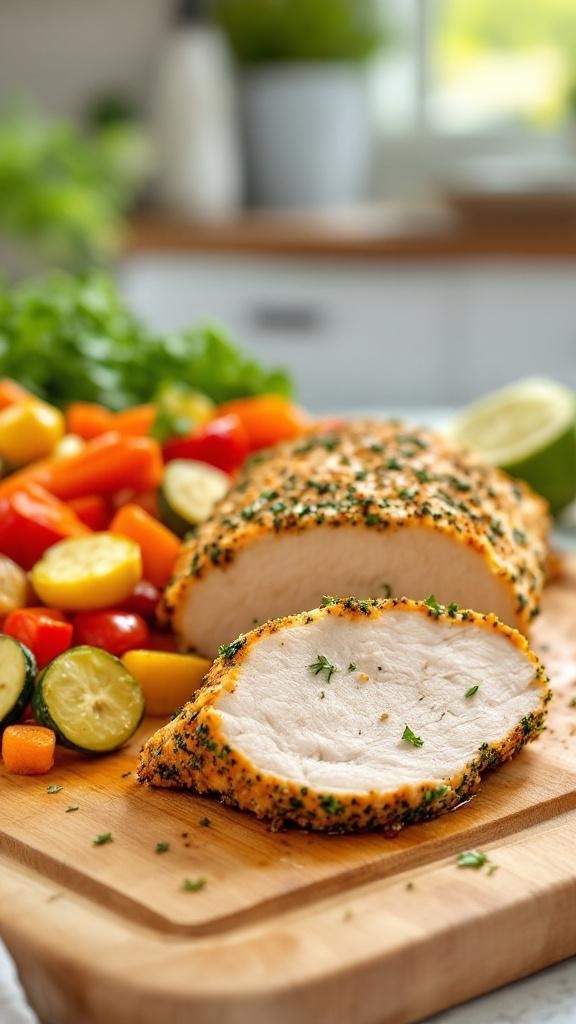 Herb-crusted baked chicken with roasted vegetables on a wooden cutting board.