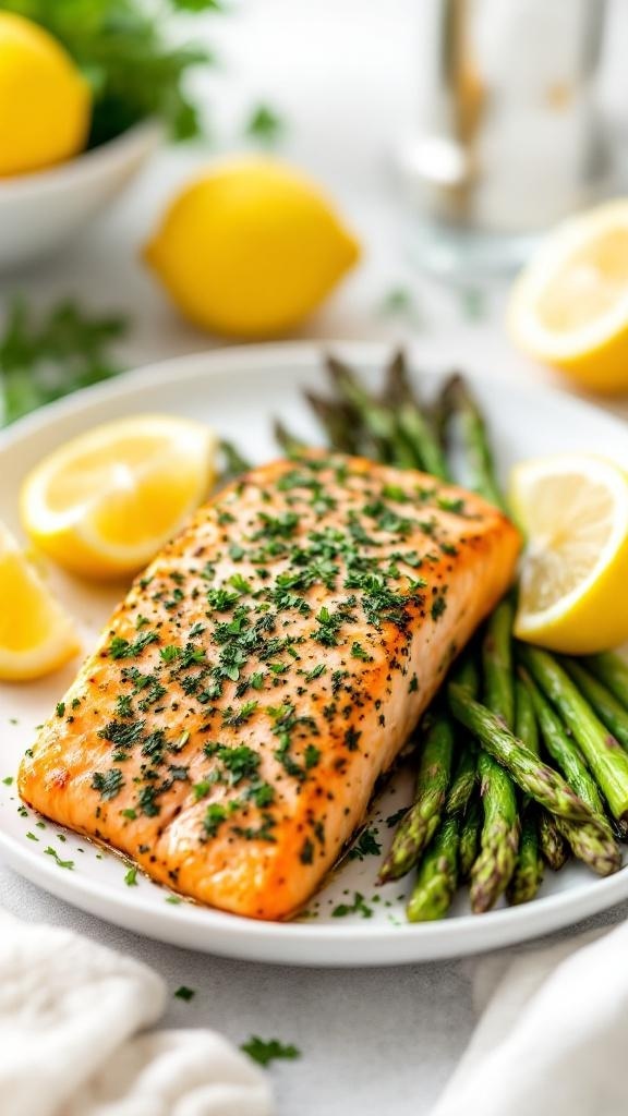A plate of herb-crusted baked salmon with asparagus and lemon slices.